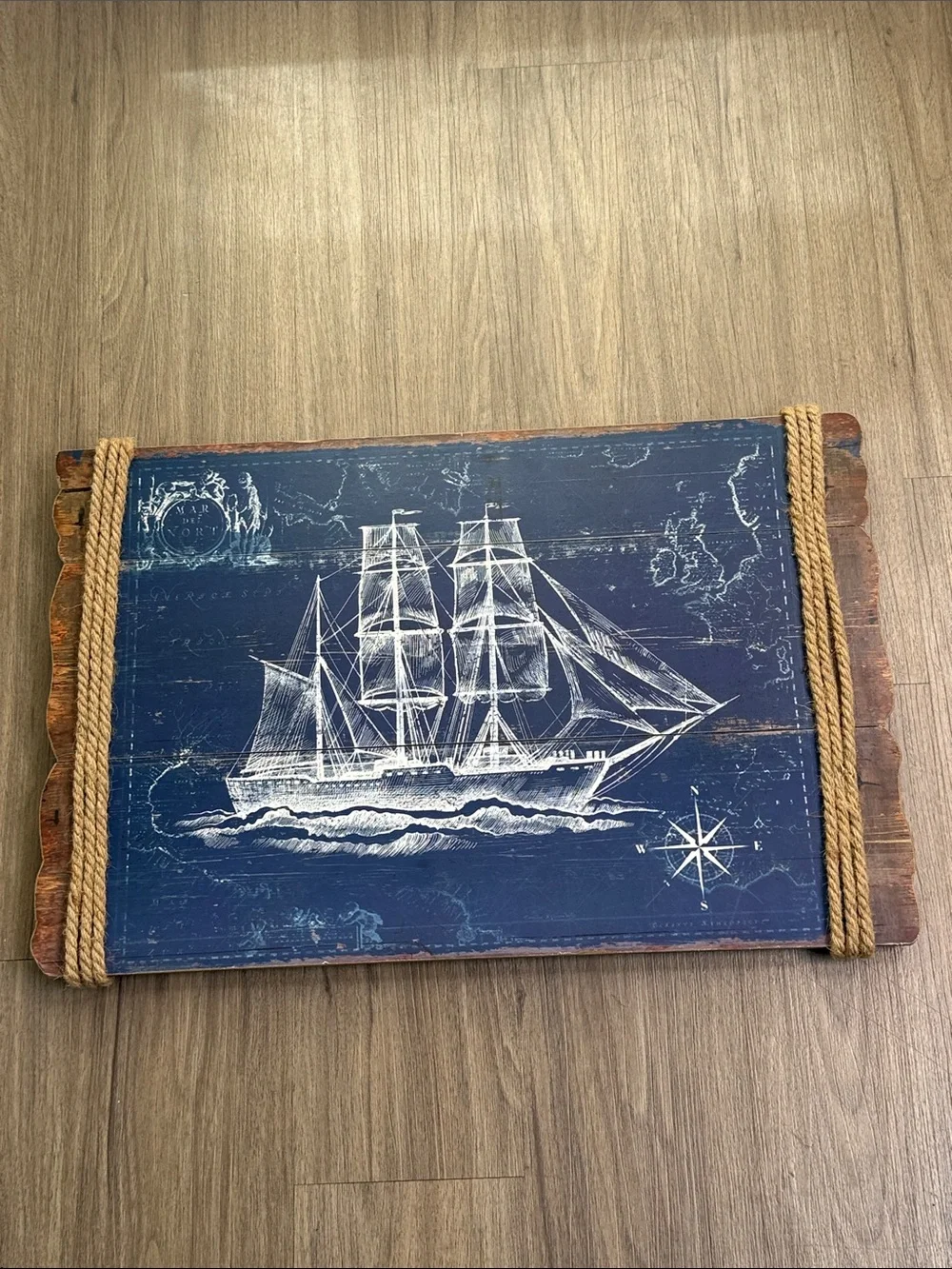 Wooden Nautical Blue Ship Wall Art Plaque with Rope Accent 24” x 16”